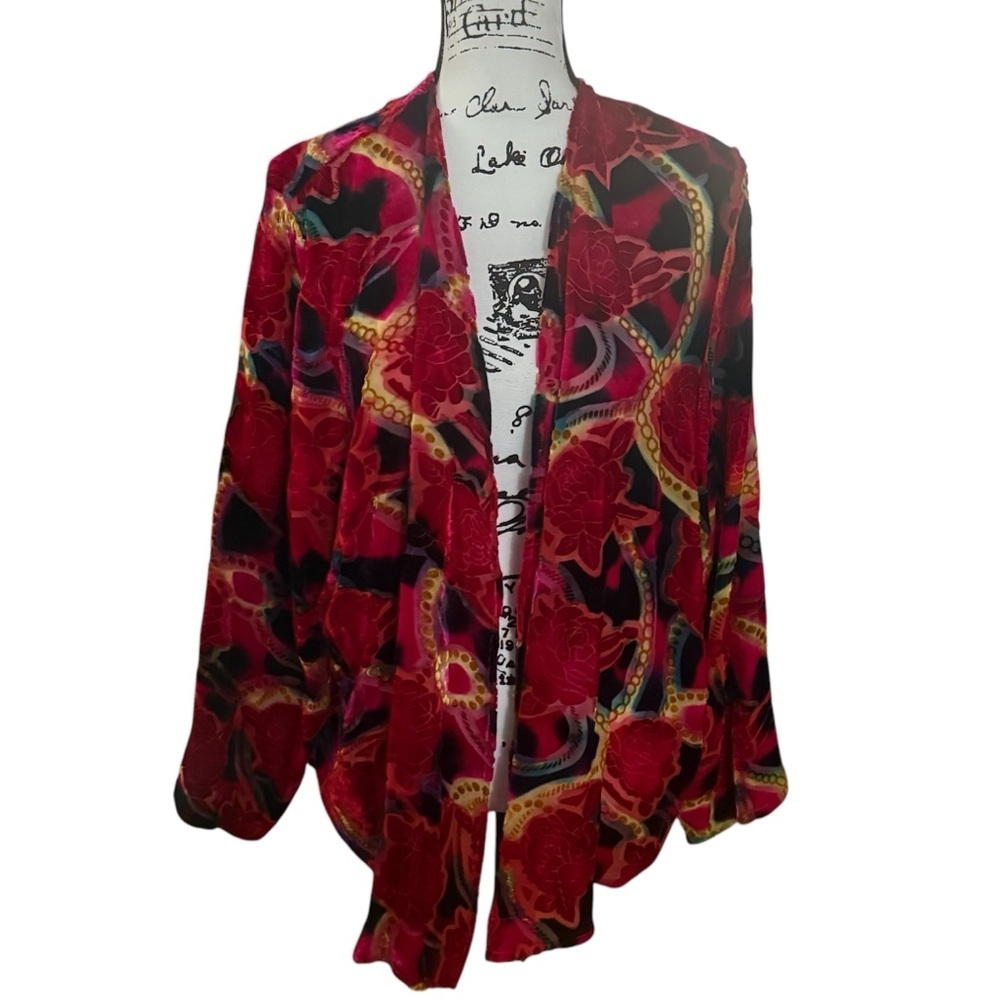 Aliki Yamani creations silk burnout cardigan jacket silk Red floral‎ large